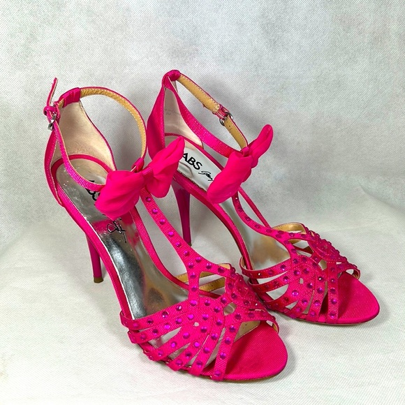 ABS by Allen Schwartz Canary Prom Formal Bow T-Strap Party Heels in Barbie Pink - Picture 2 of 9